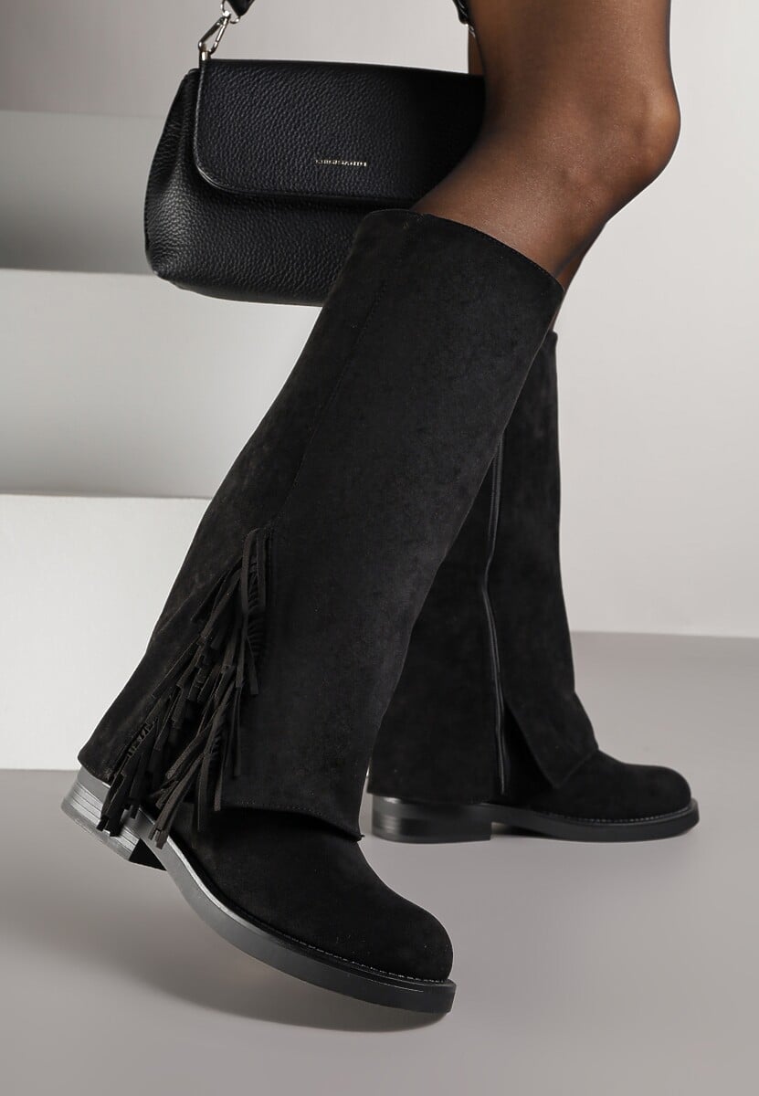 Ciemnobeżowe Kozaki Ozdobione Frędzlami i Wywiniętą Cholewką Reilevia