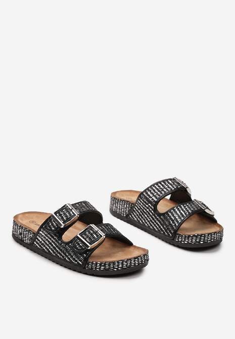 Czarne Klapki z Plecionki z Dwiema Metalicznymi Klamerkami Aidron