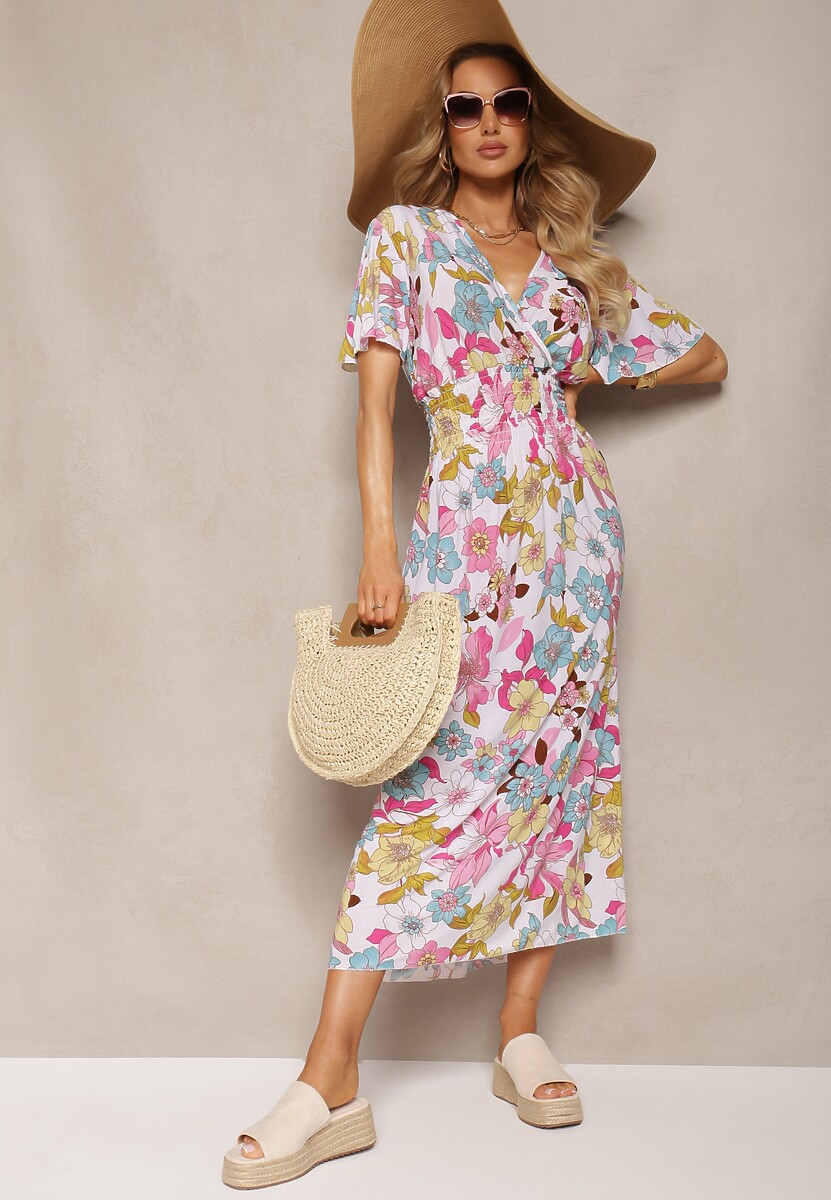 Niebiesko-Czerwona Sukienka z Gumką w Talii z Trójkątnym Dekoltem w Kwiatowy Wzór Nellvia