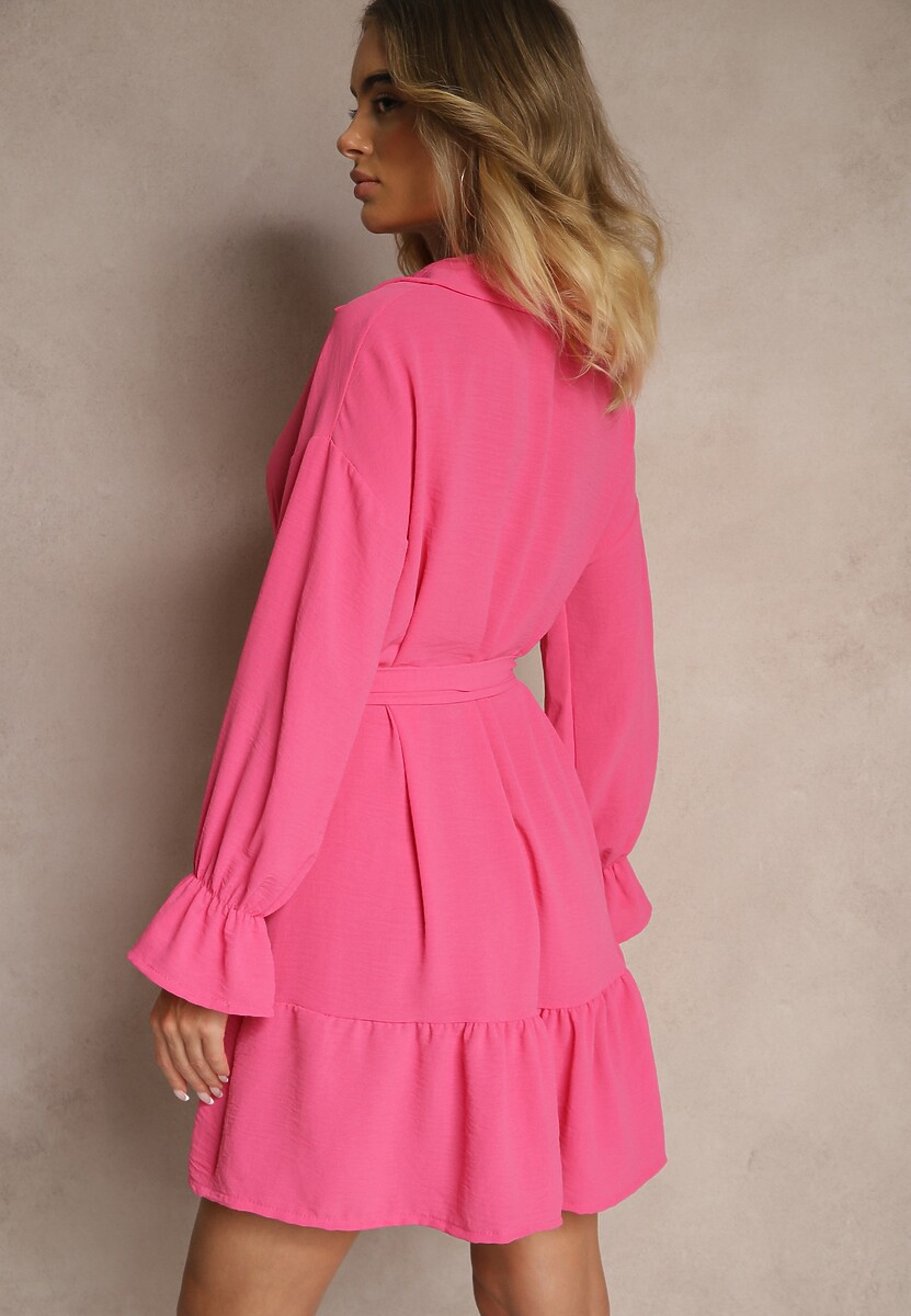 Różowa Koszulowa Sukienka Mini z Falbanką i Wiązanym Paskiem Blisotta