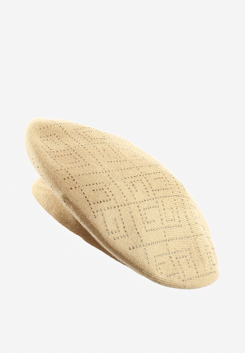 Jasnobeżowa Czapka Beret z Geometrycznym Wzorem z Cyrkoniami Holindia