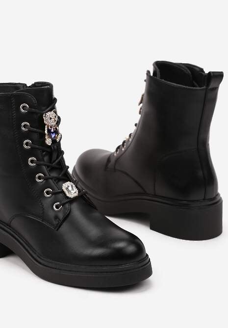 Czarne Płaskie Botki w Stylu Workerów Ozdobione Aplikacjami Kokardy i Misia Bialithia