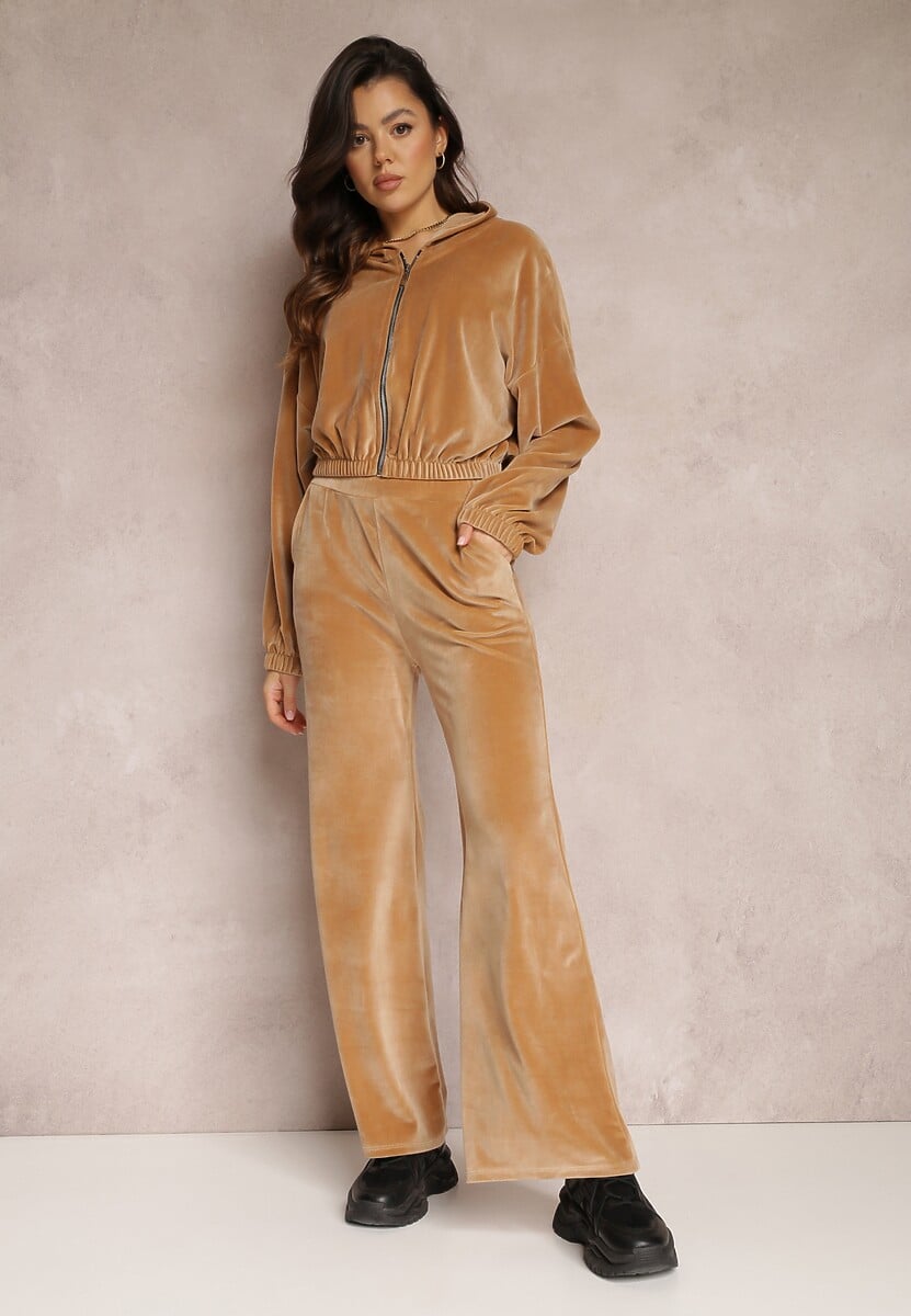 Beżowa Bluza Welurowa Krótka z Suwakiem Vahi