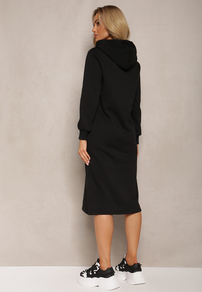 Czarna Sukienka Dresowa Oversize z Kapturem Elderre