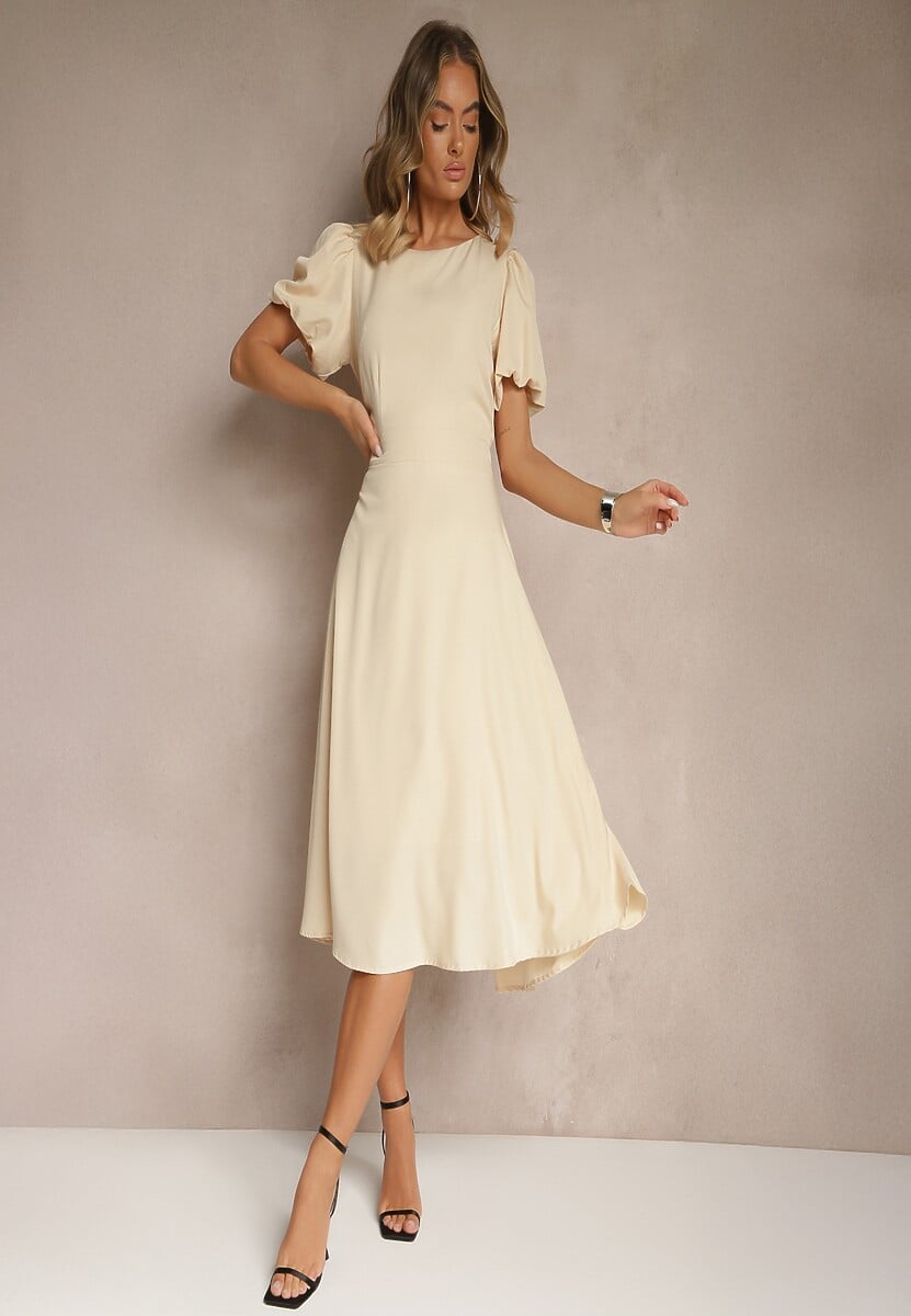 Beżowa Rozkloszowana Sukienka Vices Ozdobiona Odpinanym Kwiatem 3D Koleira