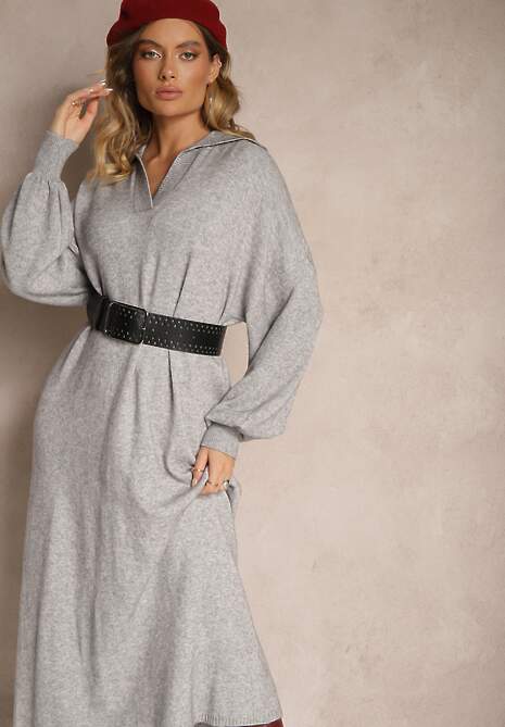 Szara Sweterkowa Sukienka z Wiskozą o Pudełkowym Kroju Ozdobiona Kołnierzykiem Clarinnae