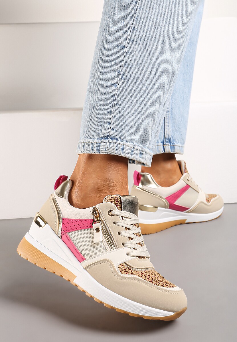Beżowo-Różowe Sneakersy na Niewysokim Koturnie Ozdobione Suwakiem i Wstawkami Liorrama