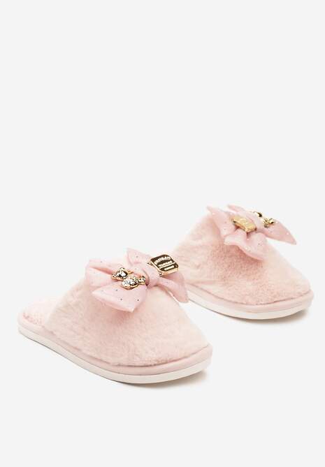 Różowe Kapcie Wsuwane z Futerkiem Ozdobione Kokardą z Metalowymi Detalami Reaniara