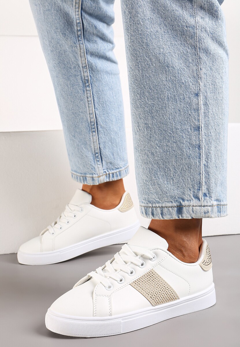 Biało-Beżowe Sneakersy ze Wstawkami Pokrytymi Cyrkoniami Almarie