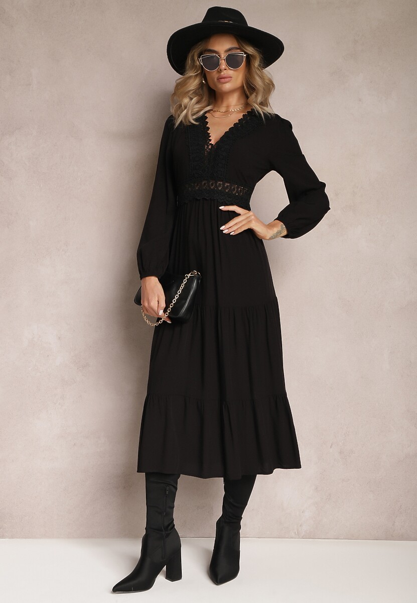 Czarna Sukienka Rozkloszowana z Falbanką i Koronką Kiaya