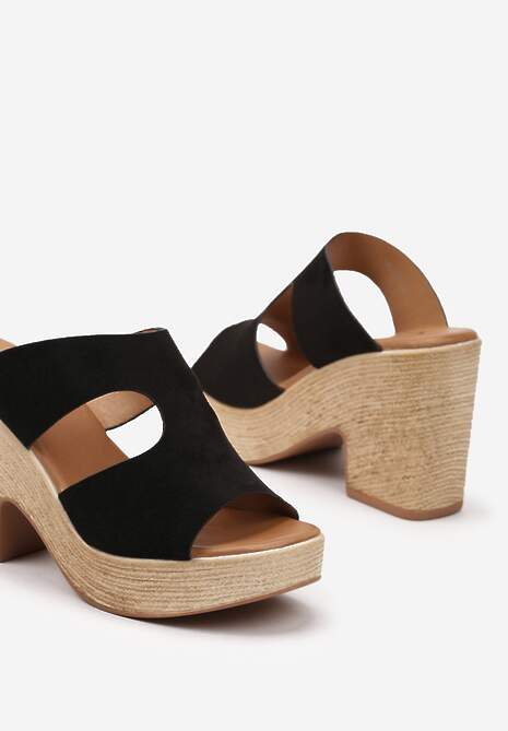 Czarne Wsuwane Klapki na Obcasie i Platformie z Wyciętym Paskiem Teasel