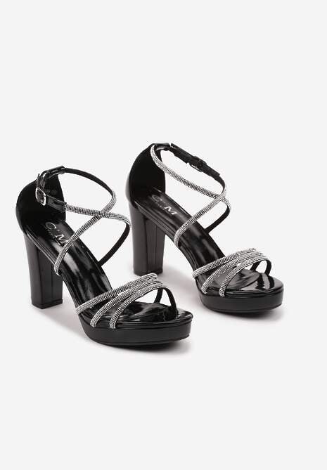 Czarne Cyrkoniowe Sandały na Słupku z Ozdobnymi Paskami Beridara