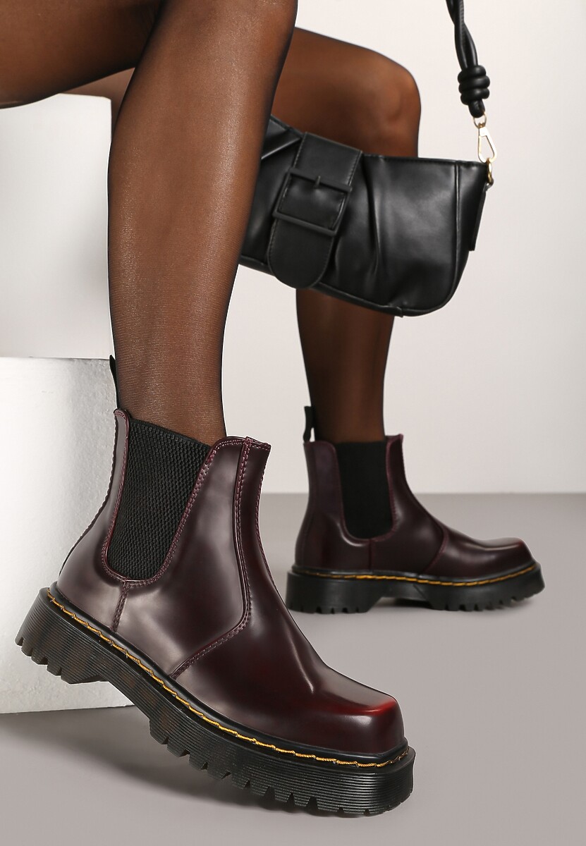 Bordowe Casualowe Płaskie Botki Sztyblety Irivarae