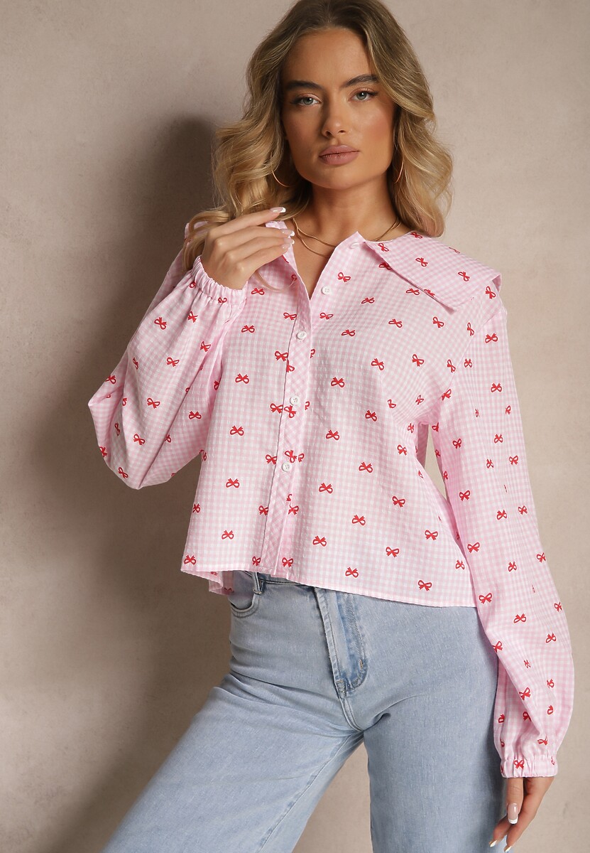 Różowa Koszula w Kratkę z Bawełny i Wiskozy Ozdobiona Dużym Kołnierzem Selzemia