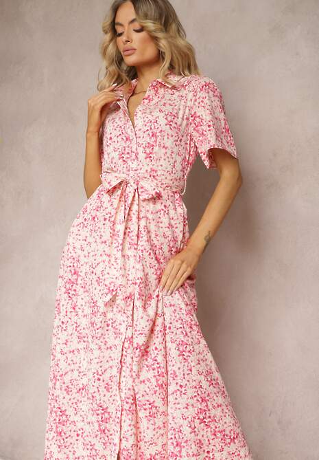 Różowa Sukienka o Koszulowym Kroju w Kwiaty z Materiałowym Paskiem Freria