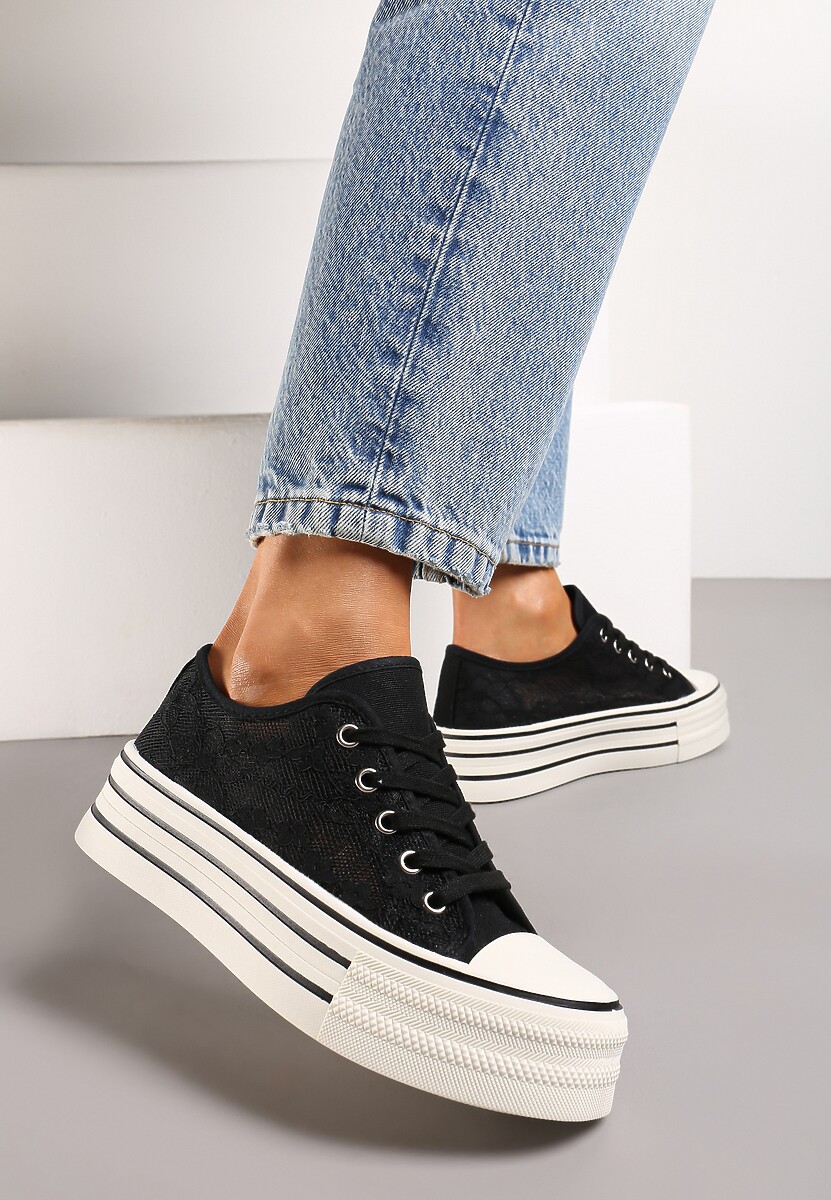 Czarne Koronkowe Trampki Przed Kostkę na Platformie Lilama