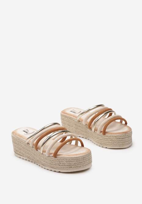 Beżowo-Brązowe Klapki z Ozdobnymi Paskami na Platformie i Koturnie z Plecionką z Juty Junistia