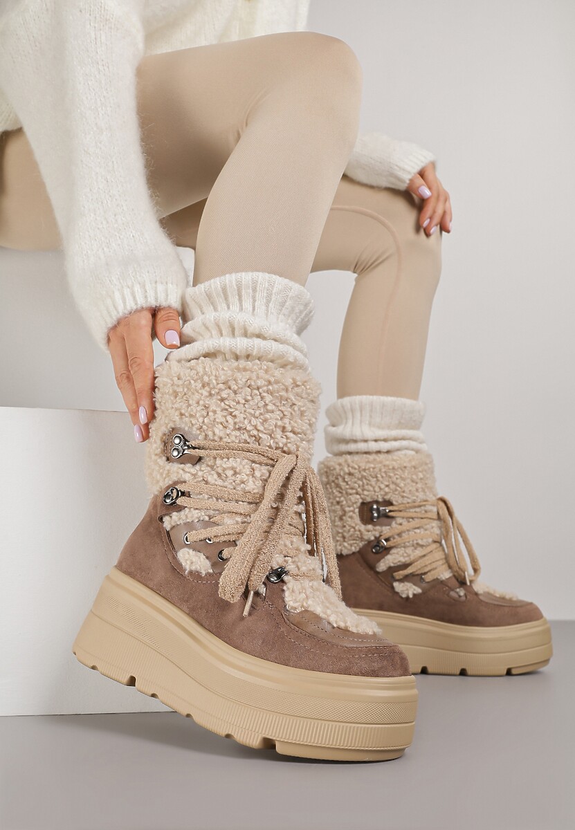 Beżowe Śniegowce na Grubej Podeszwie ze Sznurowaną Cholewką z Futerkiem Zerisa