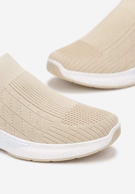 Beżowe Buty Sportowe na Tłoczonej Podeszwie z Elastyczną Cholewką Taiden
