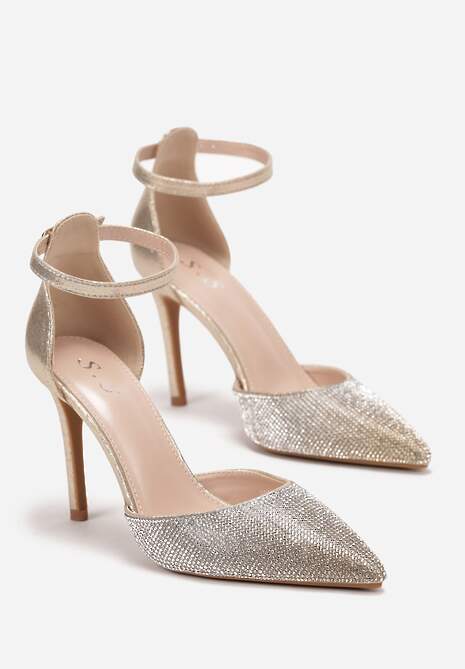 Złote Błyszczące Sandały na Szpilce z Paskiem przy Kostce Nirel