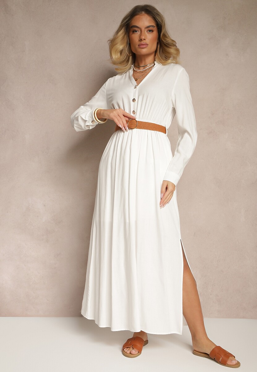Biała Wiskozowa Sukienka o Rozkloszowanym Kroju z Paskiem i Rozcięciem Reirissa