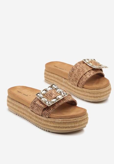 Brązowe Klapki na Grubej Podeszwie z Plecionki z Klamrą z Kryształkami Sorlise