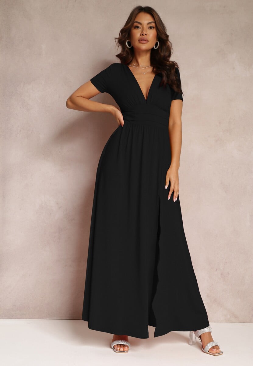 Czarna Sukienka Maxi z Rozkloszowanym Dołem i Rozcięciem Zarya