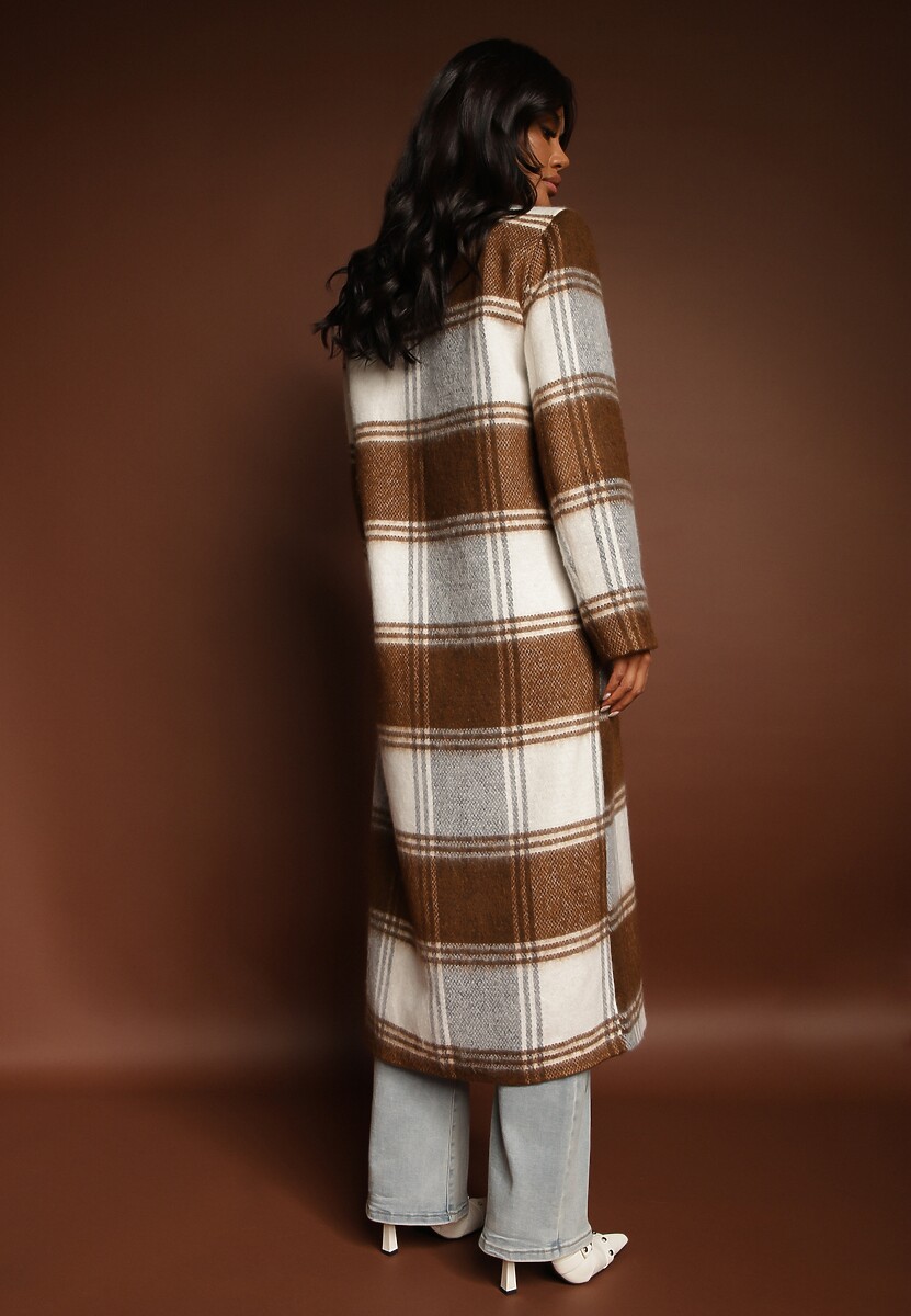 Brązowy Niezapinany Płaszcz w Kratkę z Kieszeniami z Klapą Fiboila