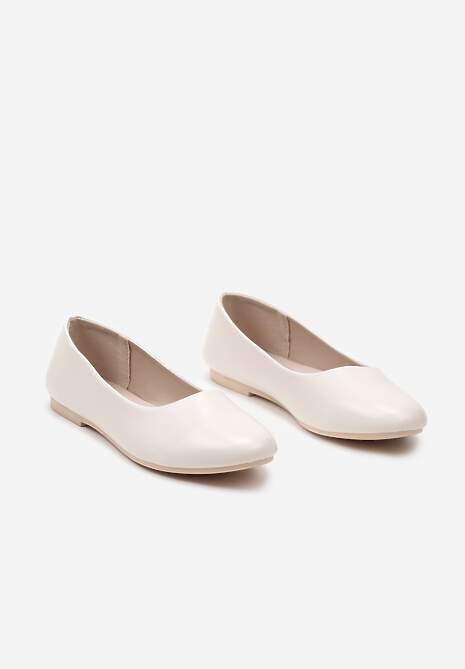Beżowe Płaskie Balerinki z Imitacji Skóry Wsuwane z Okrągłym Noskiem  Jemenna