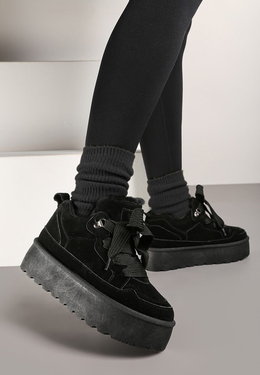 Czarne Sneakersy Vices Stylizowane na Śniegowce na Platformie Obszyte Futerkiem Naleris