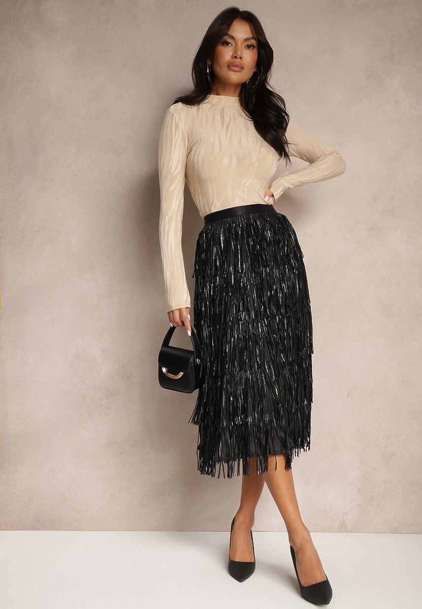 Beżowa Bluzka Półgolf z Wiskozą Ozdobiona Paskami Liladi