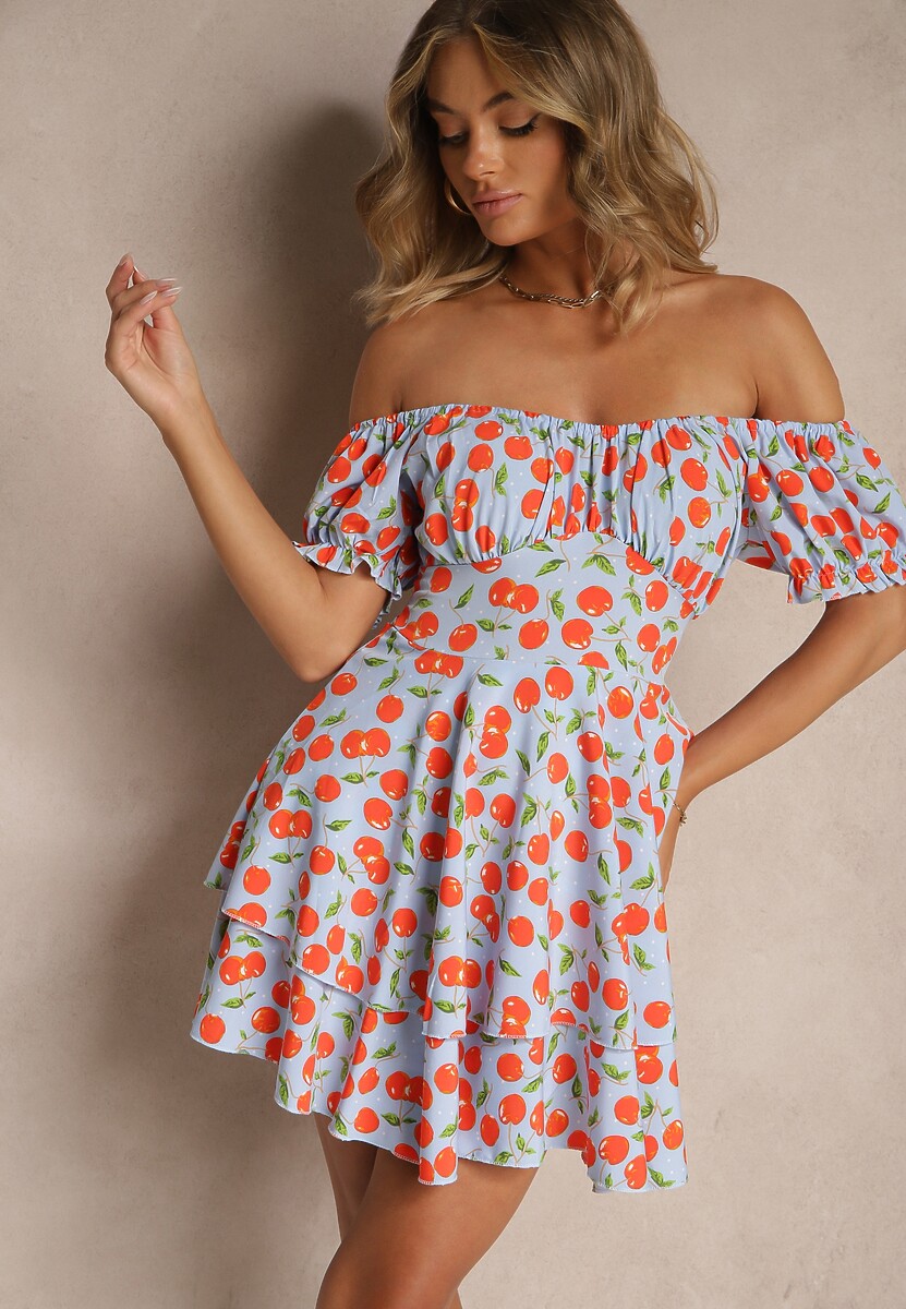 Niebieska Sukienka Rozkloszowana z Bawełną w Wisienki Lunasella