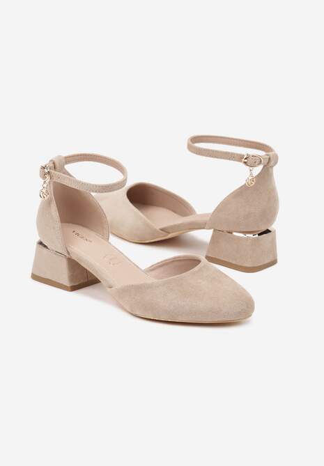 Ciemnobeżowe Czółenka Vices na Słupku z Wkładką ze Skóry Naturalnej i Metaliczną Ozdobą Velori