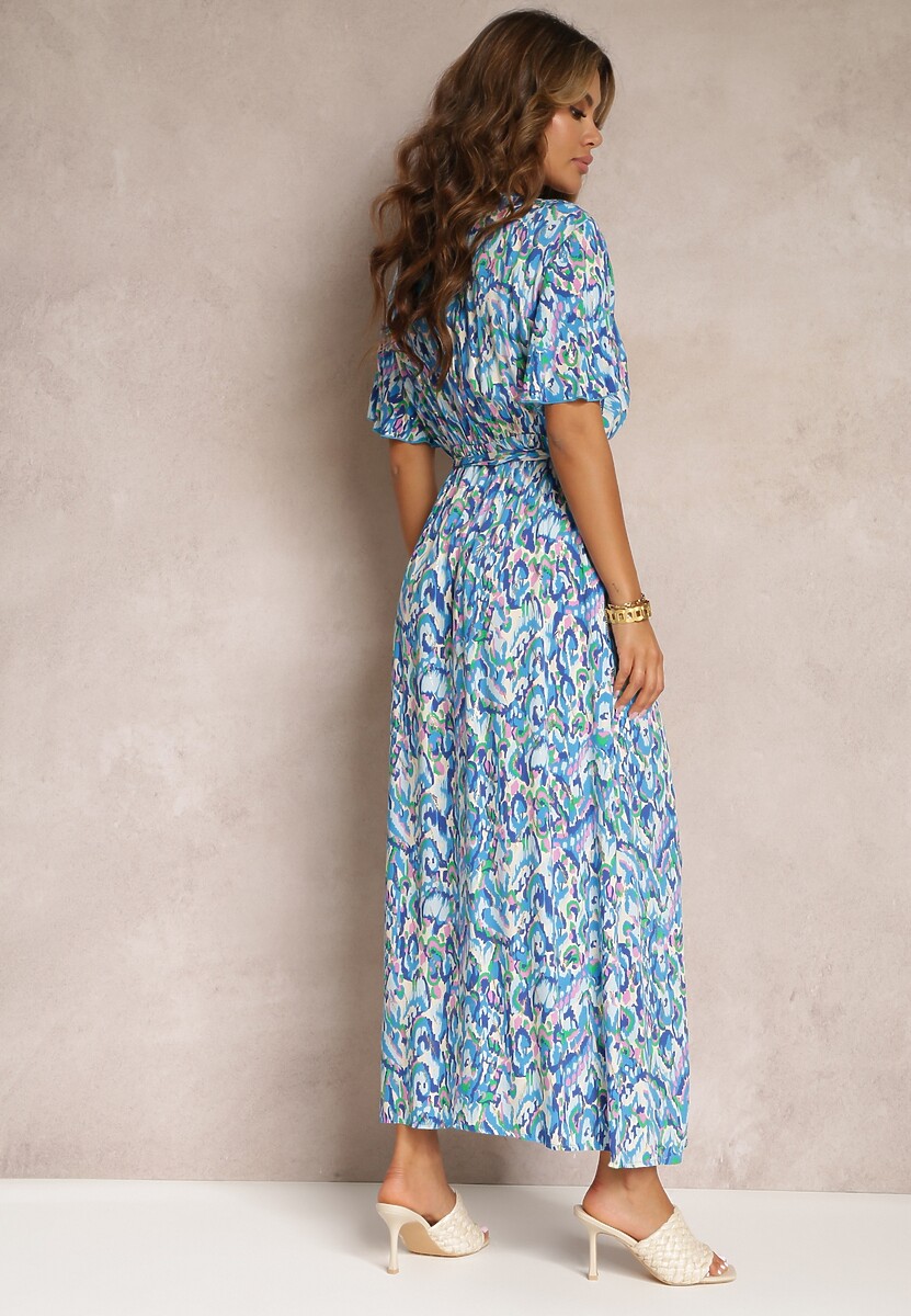 Niebieska Kopertowa Sukienka Maxi z Metalicznym Nadrukiem i Gumką w Talii Manfre
