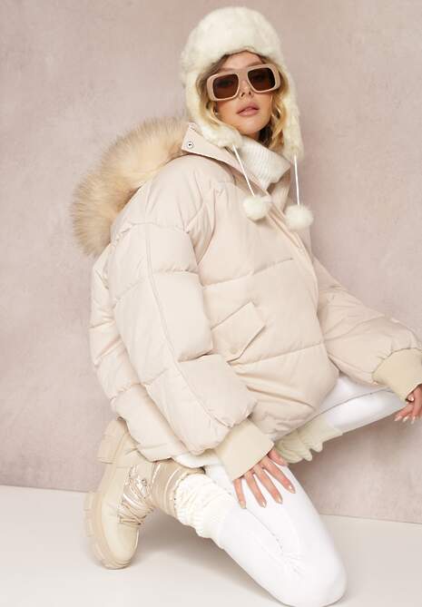 Beżowa Kurtka Oversize z Futrzanym Kapturem Haduni
