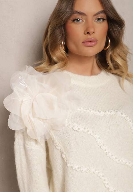 Jasnobeżowy Sweter z Naszywką w Kształcie Kwiatka i Perłami z Domieszką Wełny Sintinellia