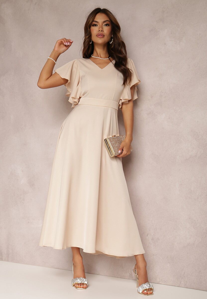 Beżowa Sukienka o Rozkloszowanym Kroju z Falbanami Bouchard