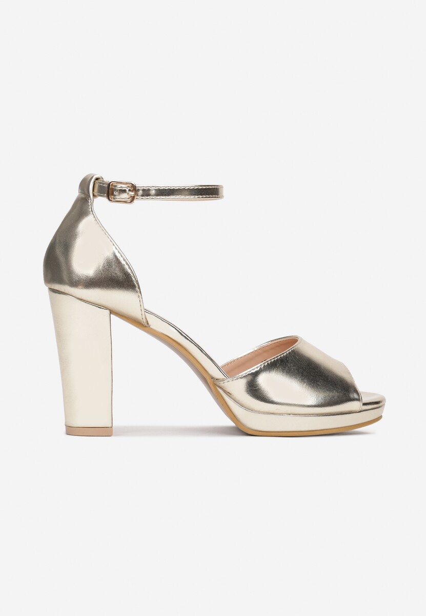 Złote Sandały na Słupkowym Obcasie ze Sprzączką przy Kostce Aridite