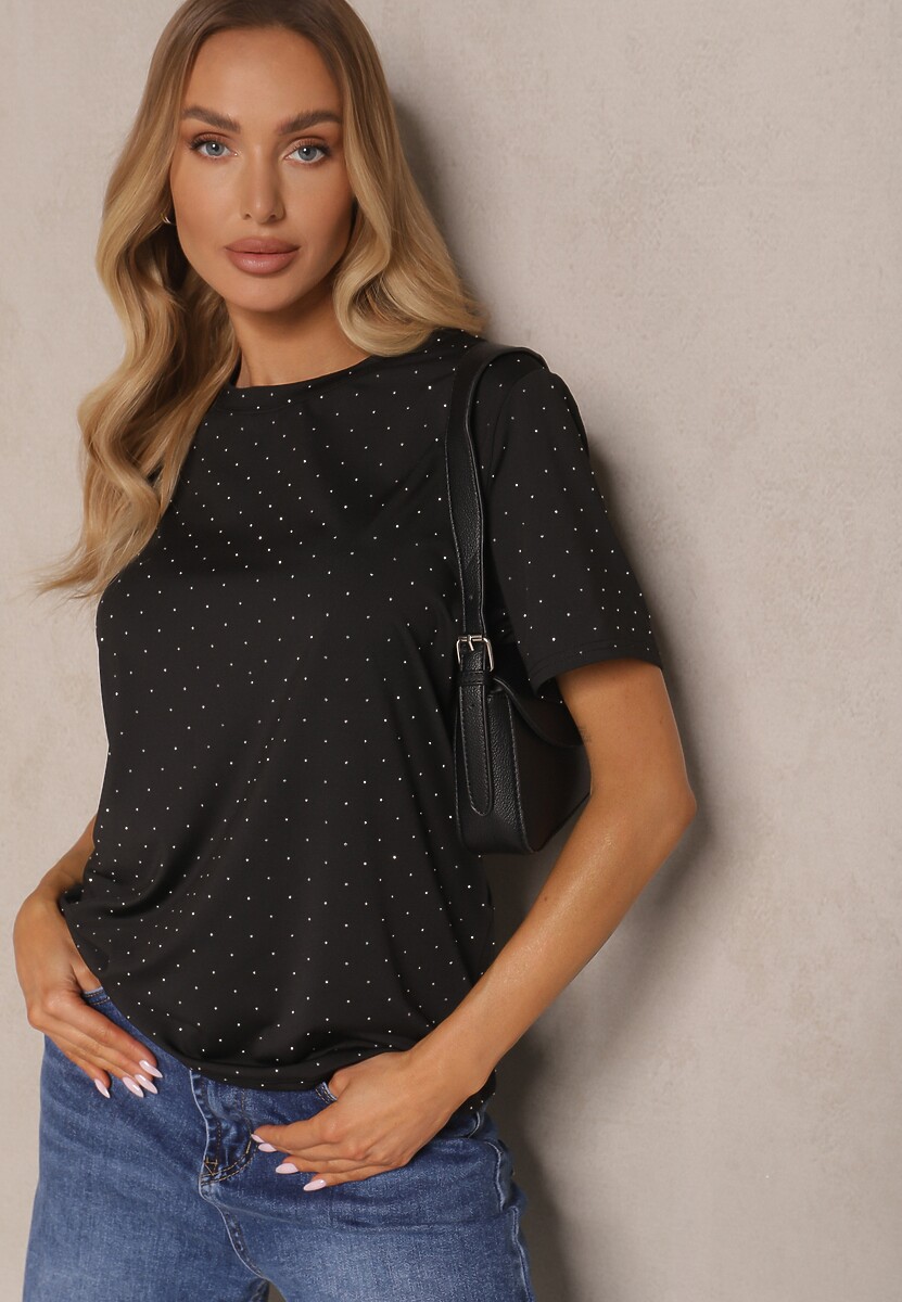 Czarny T-shirt z Wiskozą Ozdobiony Cyrkoniami Sanelisea