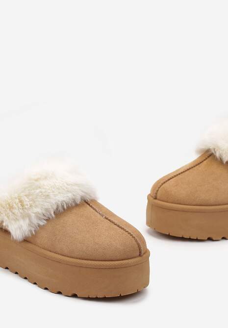 Brązowe Kapcie na Grubej Podeszwie z Ozdobnym Futerkiem Sunessa