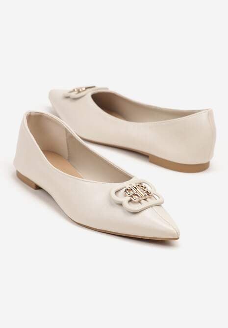 Beżowe Balerinki ze Szpiczastym Noskiem Zdobione Aplikacją Nalamira