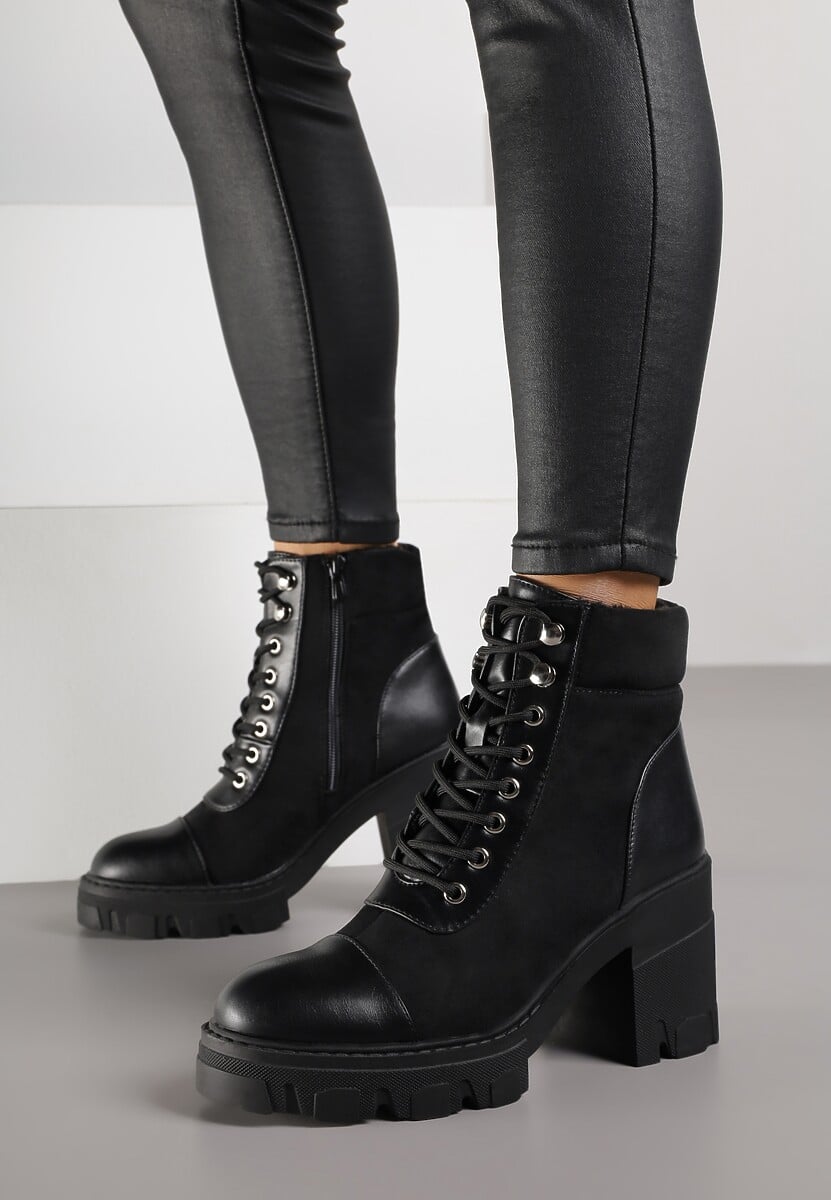 Czarne Botki na Obcasie z Platformą Ozdobione Wstawkami Ezilda