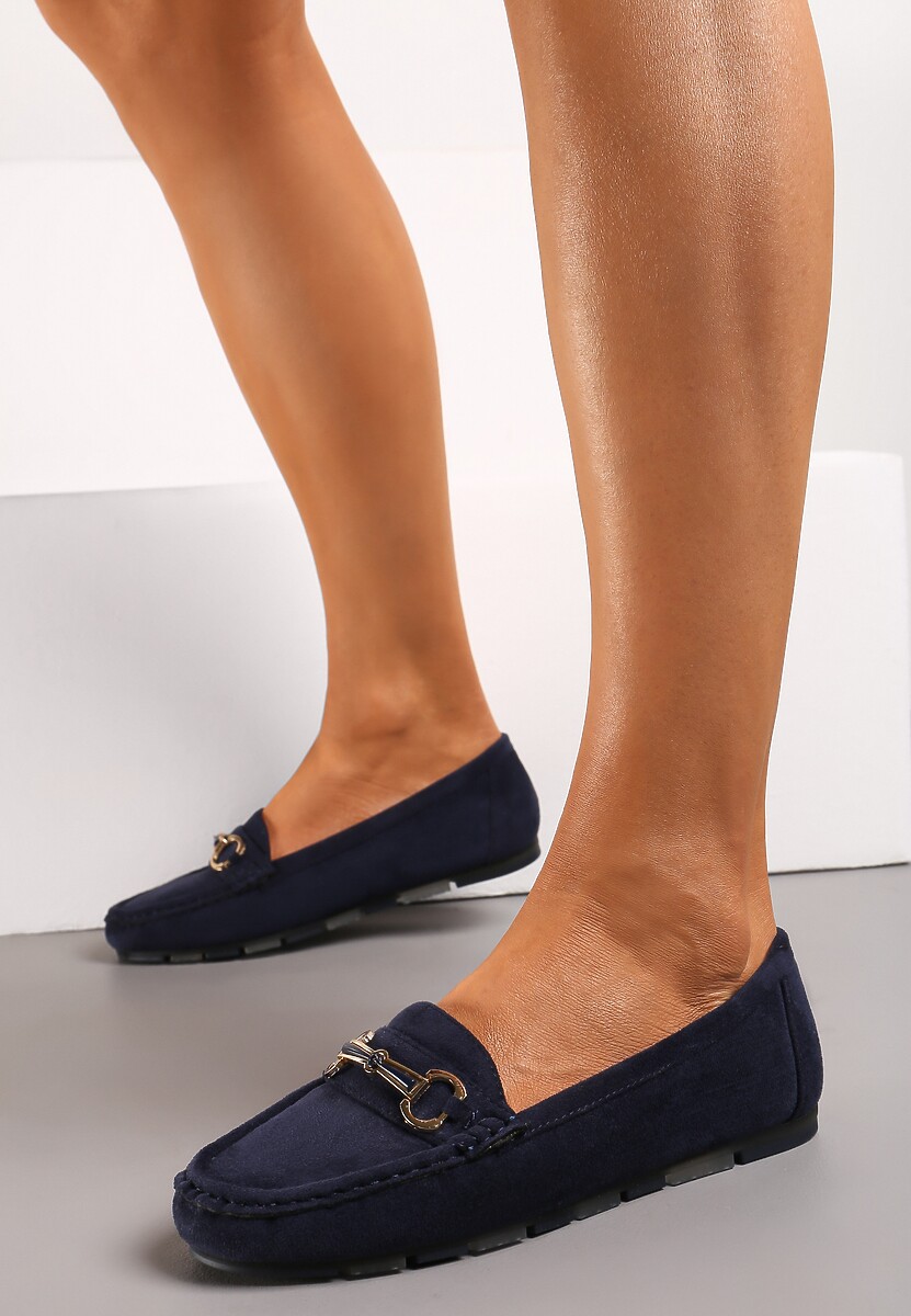 Niebieskie Mokasyny na Płaskiej Podeszwie z Aplikacją i Przeszyciami Tonala