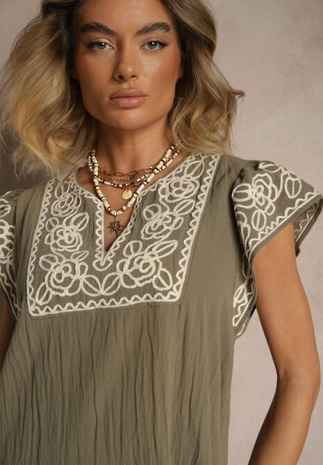 Zielona Bawełniana Sukienka Boho Ozdobiona Haftami Eviriella