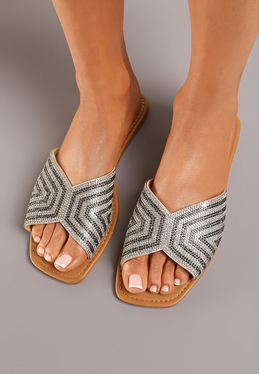 Srebrne Klapki z Ekoskóry Zdobione Cyrkoniami Marisanda