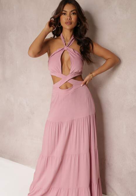 Różowa Rozkloszowana Sukienka z Wiskozy z Wiązaniem i Wycięciami Kailen