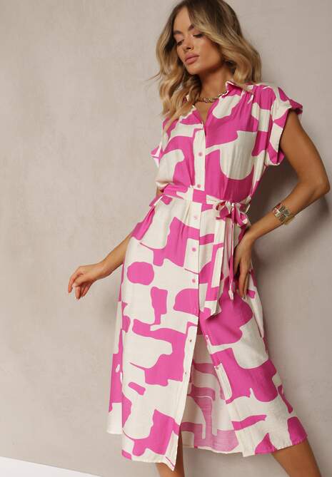 Różowo-Biała Sukienka o Koszulowym Kroju z Materiałowym Paskiem w Talii w Kolorowy Print Hilefia