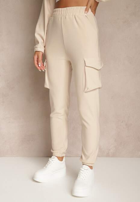 Beżowy Komplet Dresowy Cargo Bluza ze Stójką i Spodnie Jogger Litene