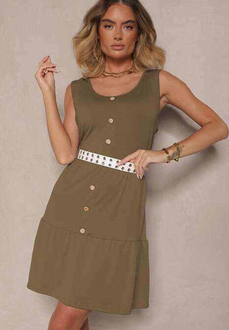 Ciemnozielona Rozkloszowana Sukienka na Szerokich Ramiączkach Zdobiona Guzikami Saniraya