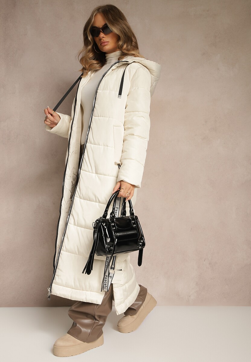 Jasnobeżowa Kurtka Długa Pikowana z Kapturem Colpids